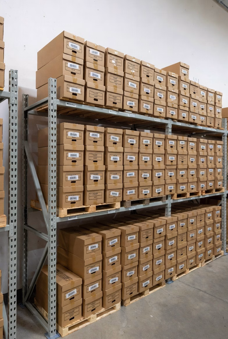 Bulk document scanning warehouse with shelving of archived business records at Overland Printing Phoenix